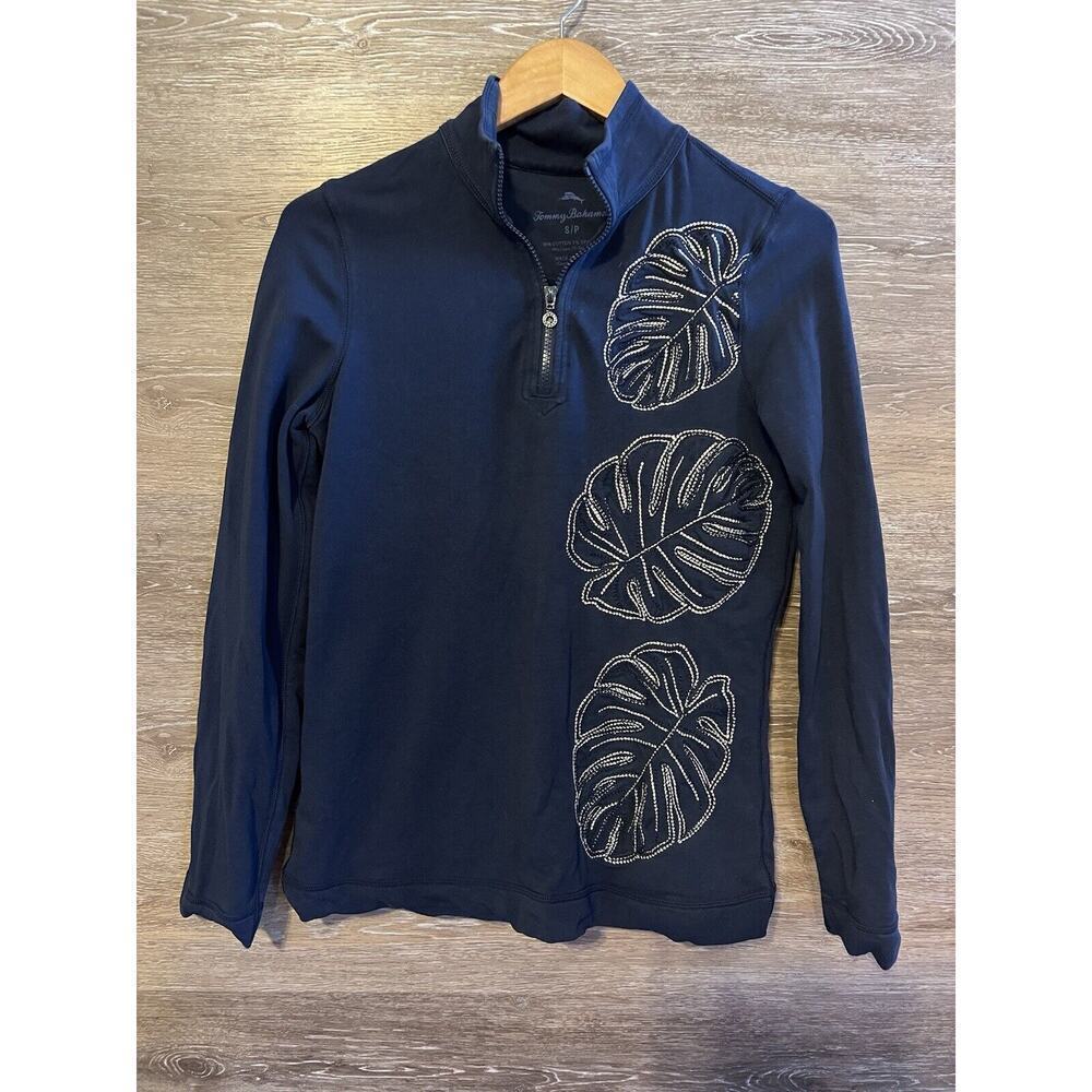 Tommy Bahama Navy Blue Zip Jacket Embroidered Leaf Women Sz S Tropical Vacation